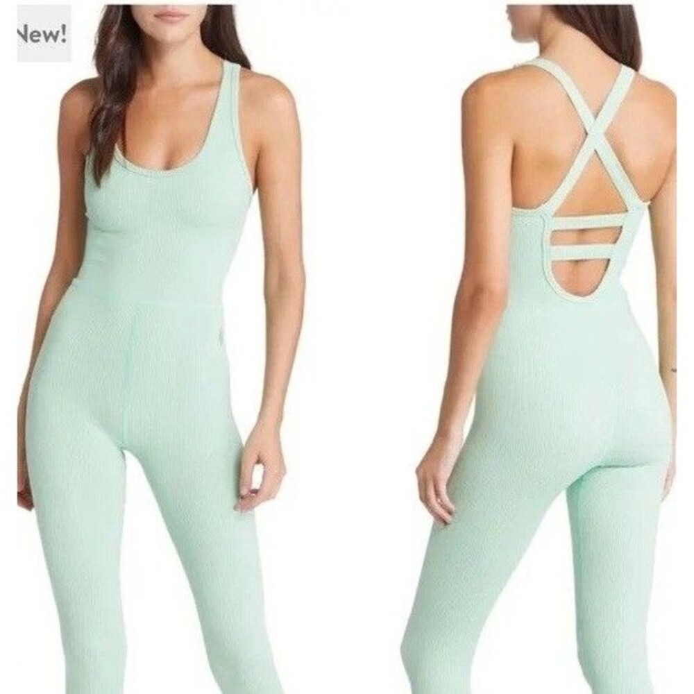Free People Movement Good Karma One Piece Bodysuit SZ M Mint green Ribbed Knit